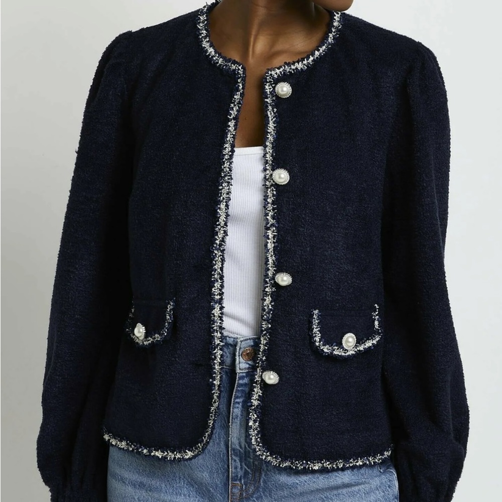 NWOT River Island long sleeve boucle trim cardigan in navy